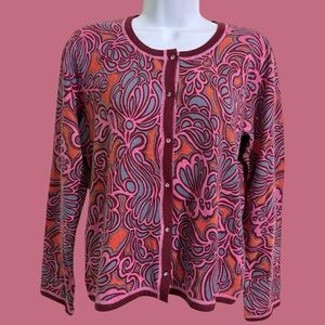 Sigrid Olsen Silk Blend Groovy 70s Floral Lightweight Cardigan Sweater Petite M